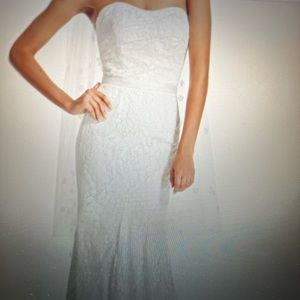 David’s Bridal strapless lace overlay. Size 10 tall.